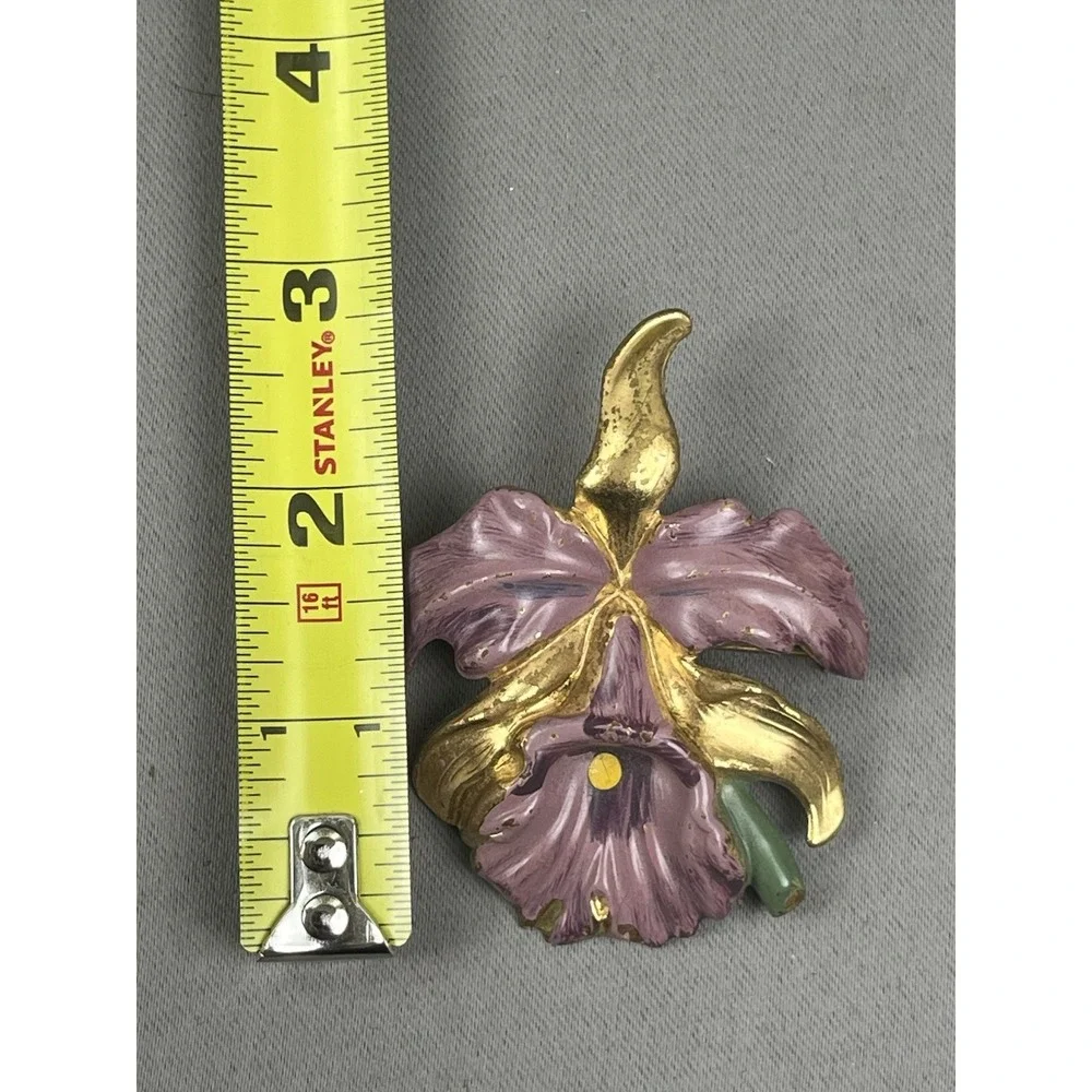 Vintage‎ Orchid Brooch Purple Gold-Tone 1950s Flower Pin Corsage Brooch Painted
